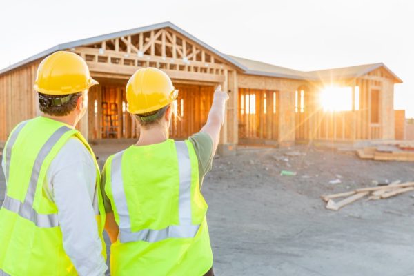 Male and Female Construction Workers at New Home Site.